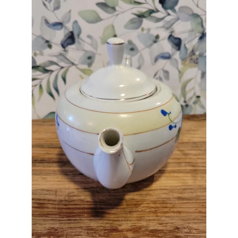 Antique Hand Painted Blue Floral Porcelain Teapot - 1930s Japan Blue Lusterware